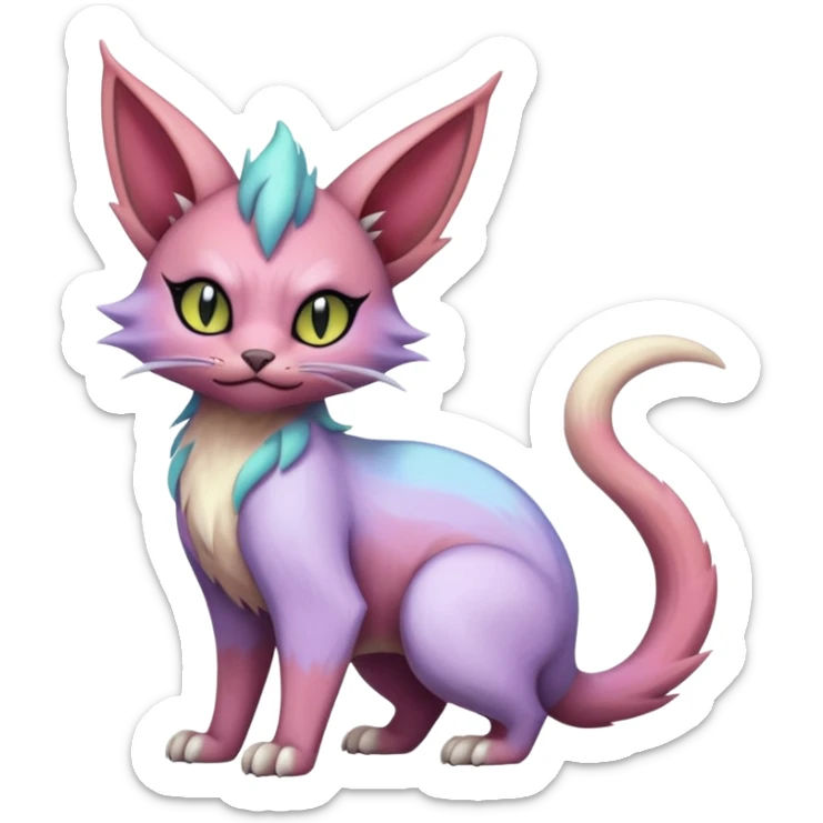 White pastel iridescent  edgy Noivern-Noibat-Purloin-Torracat-Lykoi-Caracal-cat-Fakemon-fusion-hybrid-creature sticker