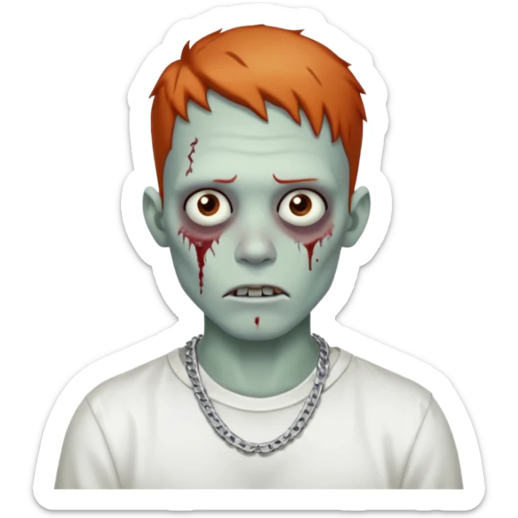 Zombie with freckles white shirt low taper fade haircut silver chain Cuban style sticker
