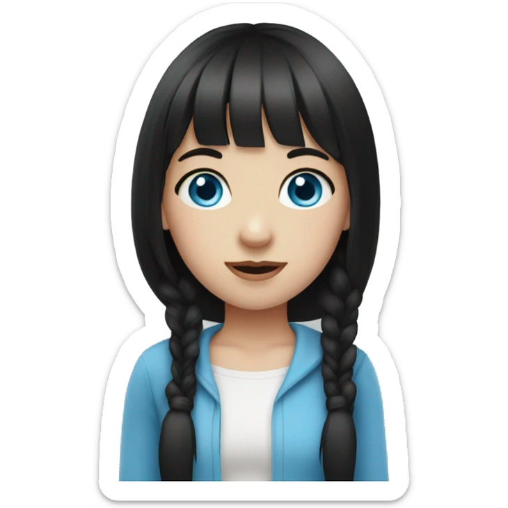A pale girl with blue eyes. Black hair with pigtails. And bangs sticker