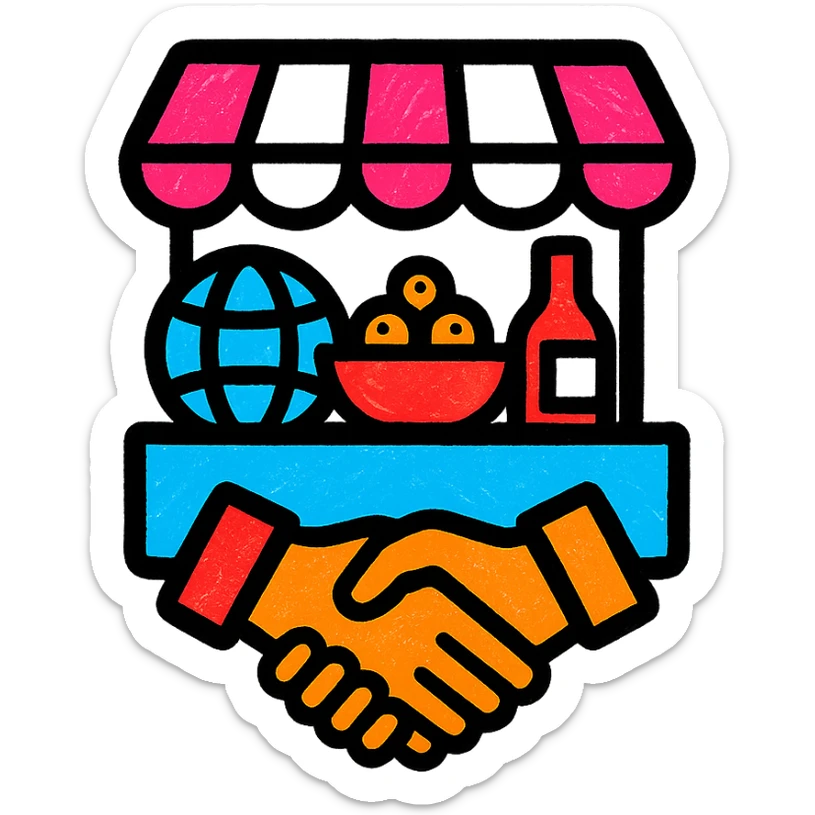 A vibrant icon of a marketplace with various international goods and a partnership symbol, using colors #1E90FF, #F13816, and #FFFFFF sticker