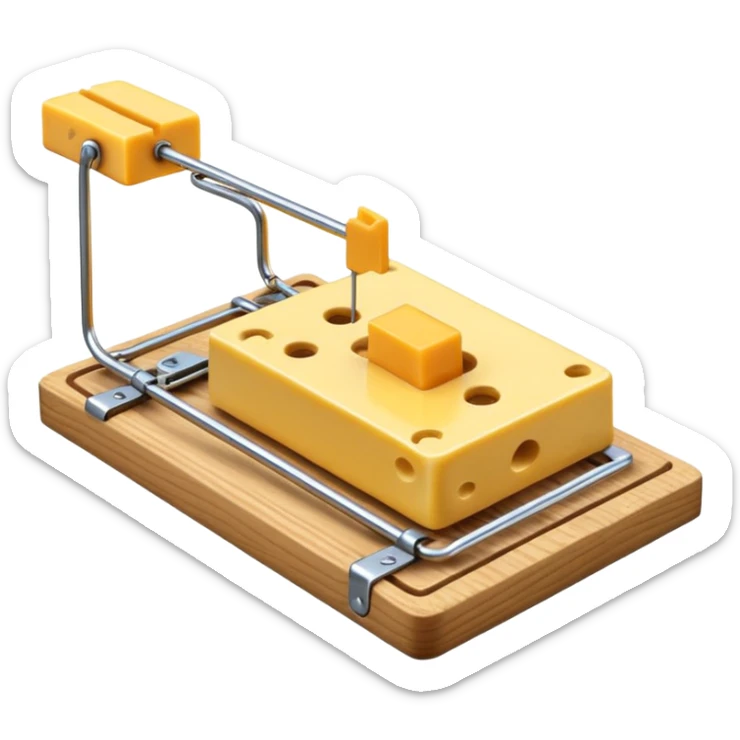 A 3D emoji in iOS emoji aesthetic style of a classic mousetrap with a wooden base and a metal spring mechanism, holding a small piece of yellow cheese, clean and detailed design, white background, glossy Apple-style rendering sticker