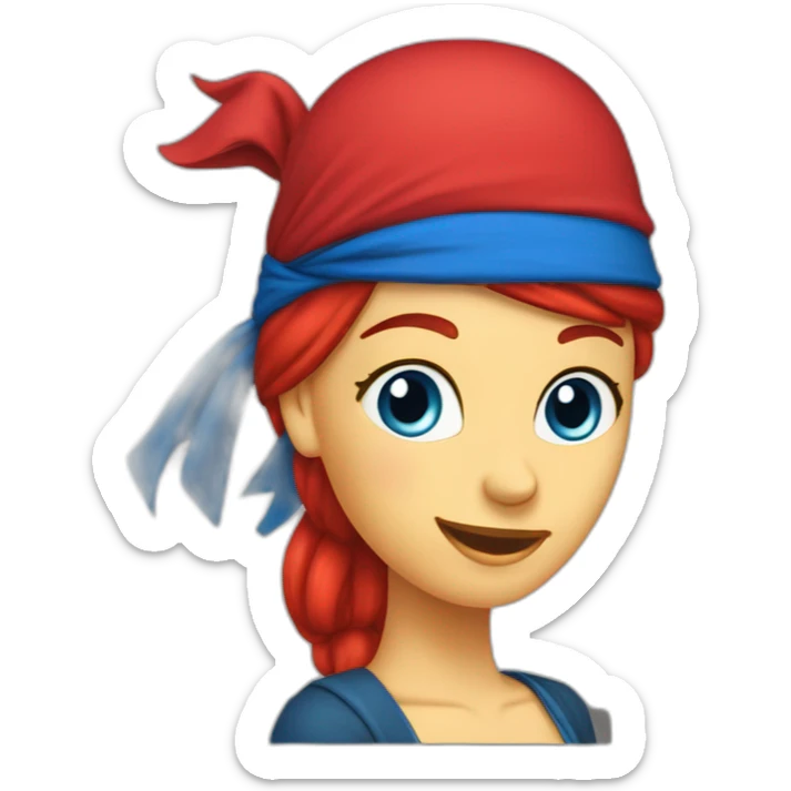 Woman long red hai in a single platt. pirate hat. One side of head has no hair. Blue eyes. skull and crossbones t shirt sticker