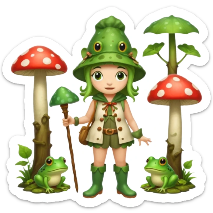 woodland bard woman dressed as frog druid, mushroom hat and rain boots sticker