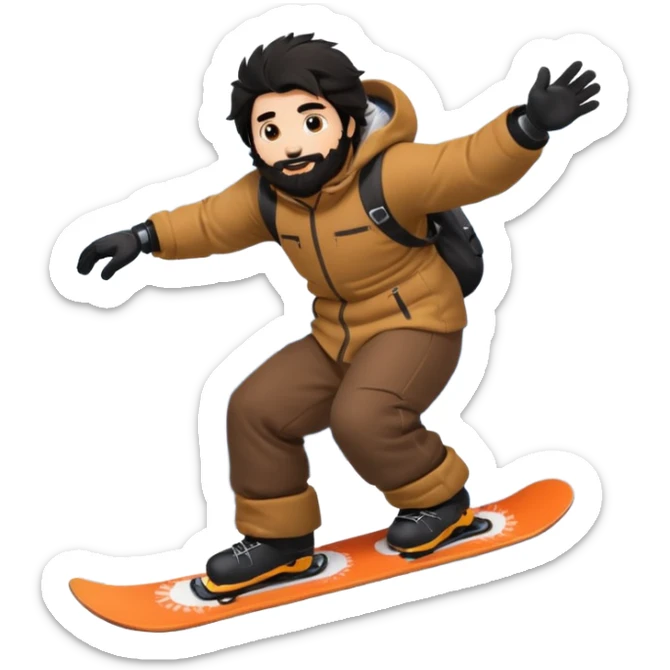 big round super harry guy snowbording down mountain haryyer more hair on his bcak and face make his hair black sticker