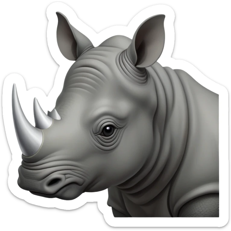 cinematic-noble--rhinoceros-portrait-emoji,slate-grey-hide--poised-and-regal,-with-a-massive,-powerful-build-and-a-thick, -deep-set-soulful-piercing-eyes,-simplified-yet-sharp-and-sophisticated-features,-highly-detailed,-large-black-eyes, zoomed out showing shoulders, large white horn  sticker