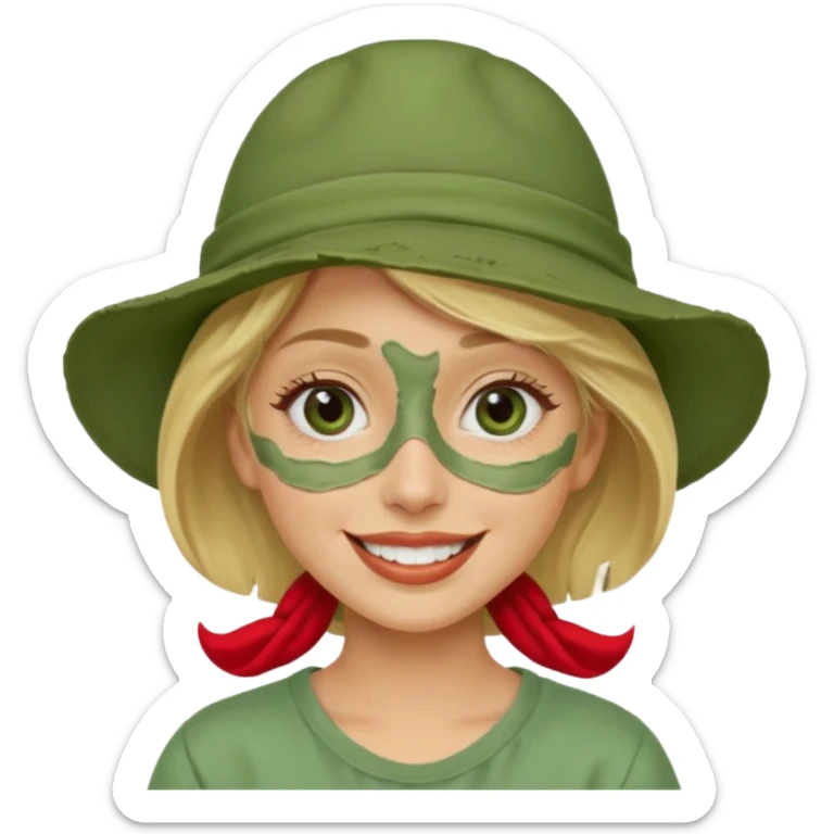messy green clay mask and red tourist hat blond braided woman big eyes smiling and clay mask on face sticker