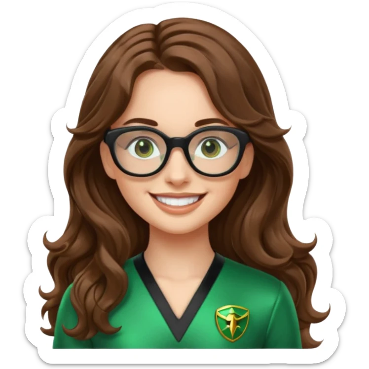 green power ranger, white girl with long brown wavy hair, thin black glasses, smiling, emoji style sticker