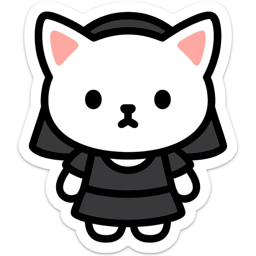 white baby cat wearing a black mini dress and black veil icon sticker