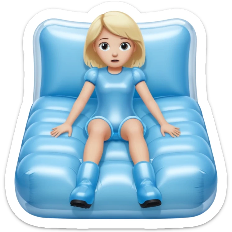 chica rubia con cara de miedo con unas botas de presoterapia gigantes inflables tirada en una cama sticker