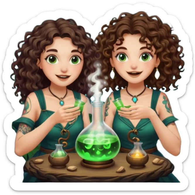 forest alchemist duo two women curly long hair tattooed and short brown hair mixing glowing moon potion together excited faces sticker
