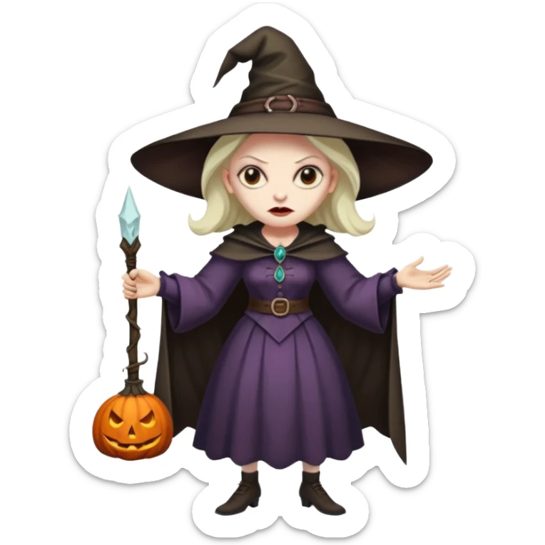 Pitonisa: mujer entre unos 40 y 50 años, cara de mala, malas intenciones, cara un poco deforme tipo bruja, y ropa antigua. cuerpo entero sticker