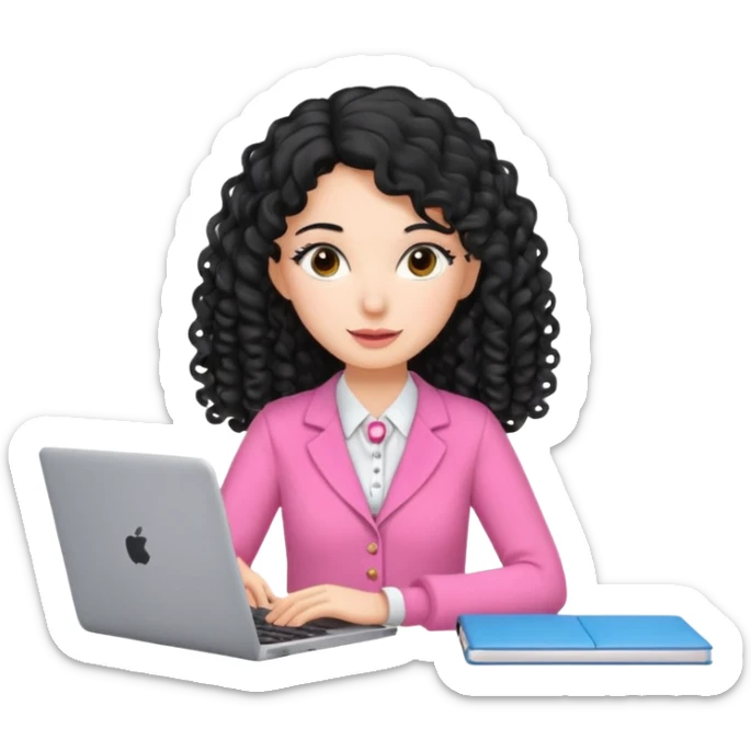 pretty brunnet teacher woman with pink clothes and long mid length black curly hair with laptop  sticker