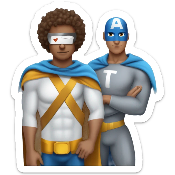 curly brown hair man and pigeon man with letter 'T' on the chest crossover as superhero. superpower = design sticker