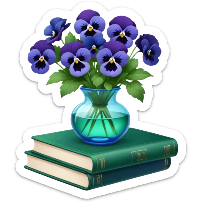 Aesthetically arranged books in dark green and next to them a bouquet of blue pansies in a light green glass vase sticker