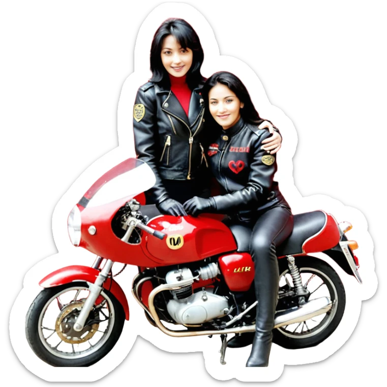 Crie um motoqueiro de jaqueta preta junto com uma mulher de jaqueta preta com um símbolo de um coração vermelho com chama vermelha e letras HL escrito em dourado dentro do coração vermelho, a mulher abraçado ao motoqueiro os dois de costas na moto Harley Davidson vermelha  sticker