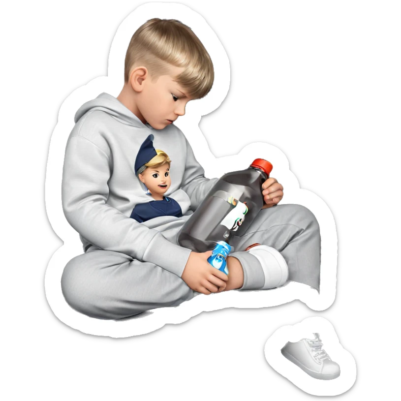casual boy sitting with bottle sticker