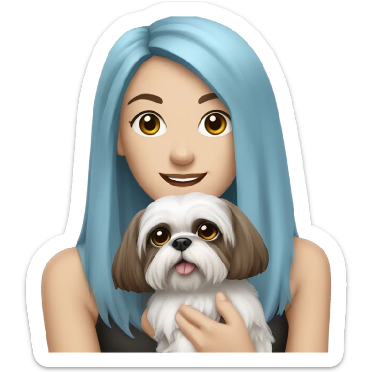 Caucasian witch that has blue hair holding a brown and white shih tzu dog sticker