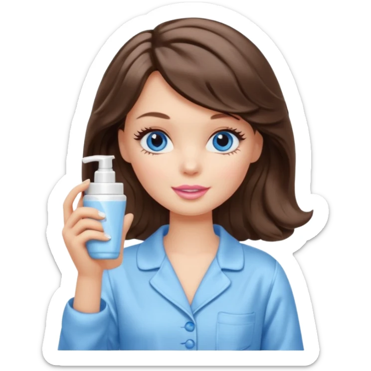 Barbie girl with makeup, blue eyes , and bob long haircut wavy, short brown hair in creamy color pajamas, face cream in hand sticker
