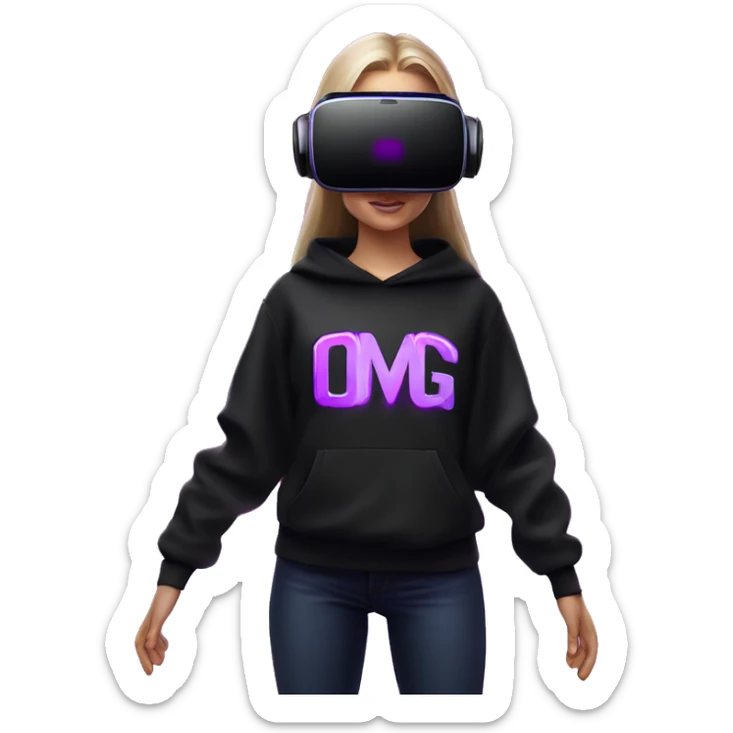 Russian girl wearing black hoody with violet letters "OMG", in vr headset oculus quest2. Standing like jedi. Cyberpunk style. Violet neon. sticker