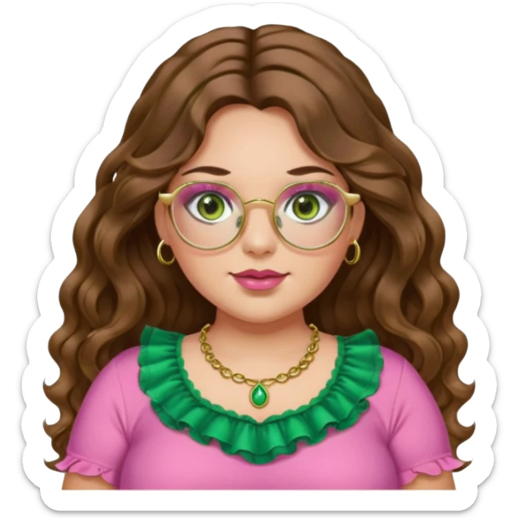 Girl long wavy brown hair with middle part. green gold eyes, plus size, pink frilly top,  gold nose ring. Gold rimmed glasses. Long eyelashes. sticker