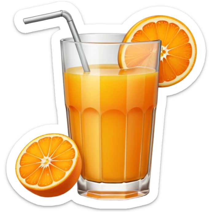 A glas of orange juice. Without a straw. With a slice of orange next to it on the bottom sticker
