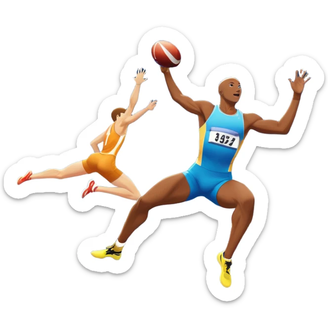 An icon showcasing various disciplines of track and field in one scene: a sprinter in full speed, a high jumper soaring over the bar, a long jumper taking off, and a discus thrower in motion. The background features a vibrant stadium with cheering crowds, bright lights, and a clear sky.  sticker