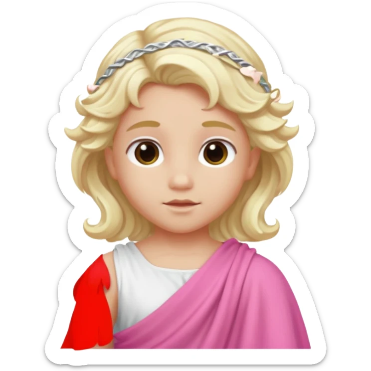 Cupid from Olympus Gods with long white blonde wavy hair, pink toga sticker