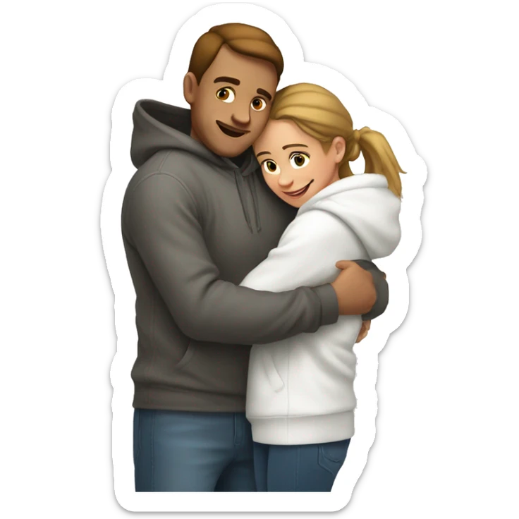 An emoji of a man wearing a white hoodie, standing next to his sister. He is hugging her warmly, showing a close sibling bond sticker
