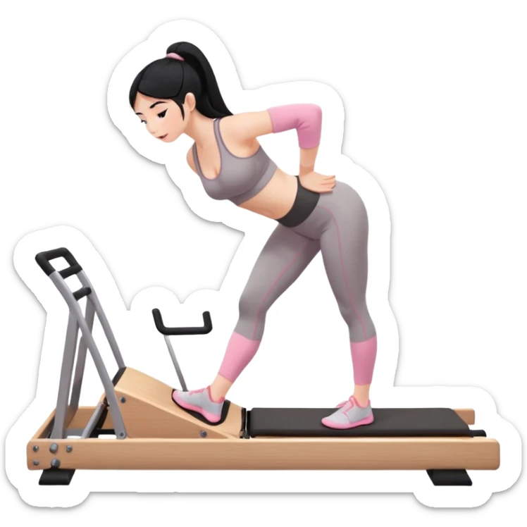 Create a Pilates emoji: a girl with fair skin and black hair, wearing a grey bra and grey leggings with pink pilates socks, on all fours on a wooden reformer. Make it look at the reformer. Make the colors neutrals. sticker