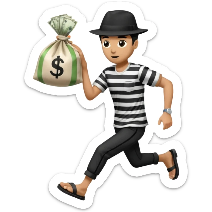 Make a man wear a black pant and he shirt is balck line and white line and wear a black hat and he holding a money bag and he running he wear a black eye thing no money in the Left hand and he yellow and the money bag in the right he wear a flip flop like this is Money bag 💰 NO MONEY sticker