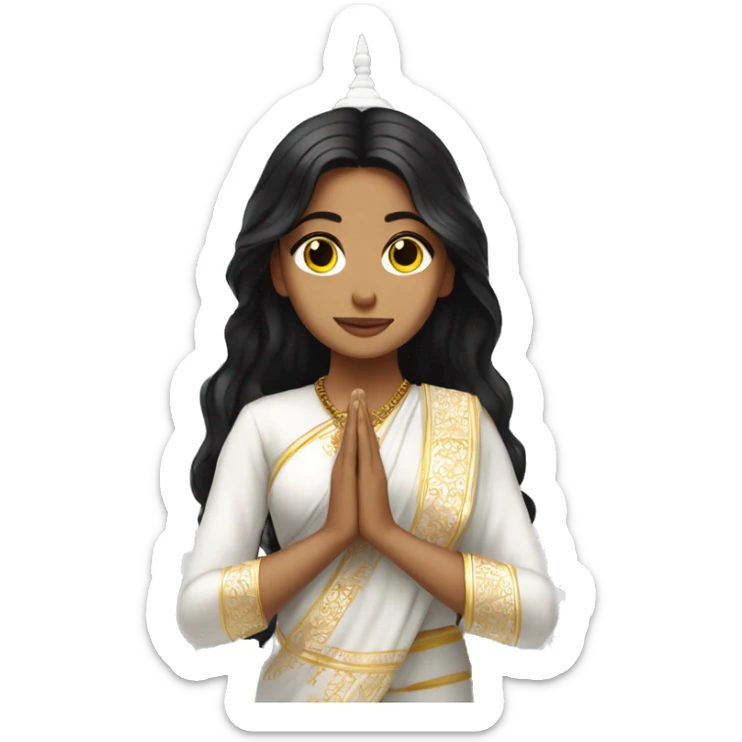 Light skin ;Black long hair wearing white saree praying infront a white temple sticker