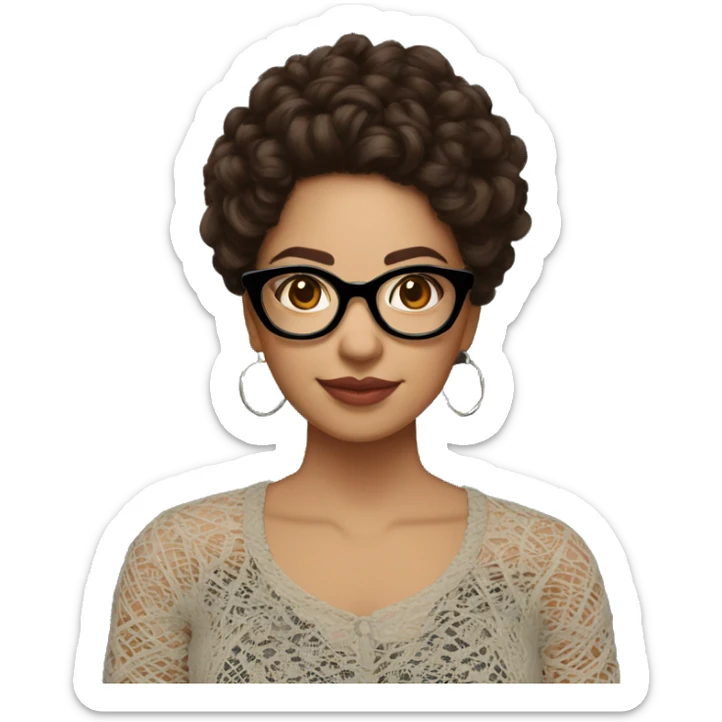 Hispanic woman with black glasses, long brown curly hair over the shoulder, holding yarn wearing a black lace shirt sticker