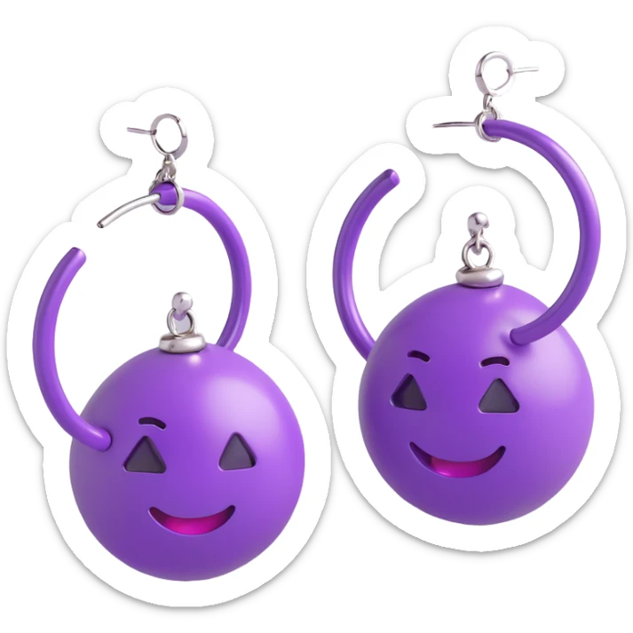 3D emoji-style purple hoop earrings with silver accents, glossy and luxurious sticker