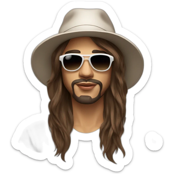 The french singer Lorenzo with this style : long brown hair white and short bucket hat and sunglasses sticker