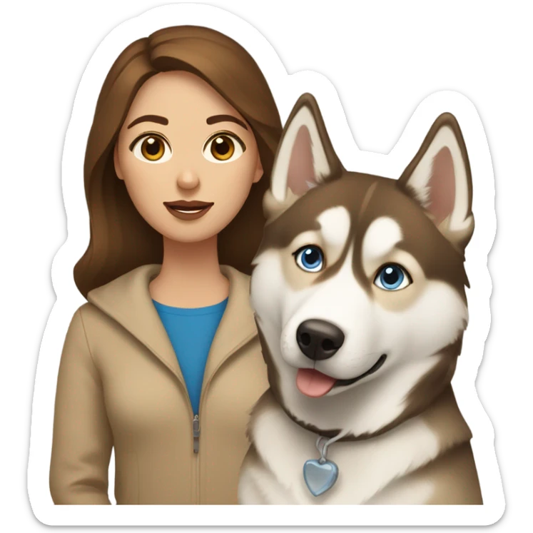 Woman brown hair blue eyes with Husky beige golden sticker