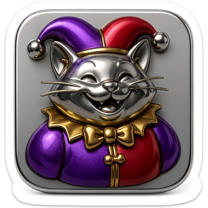 crazy colorful cute little cat jolly joker from poker, medieval, vintage, court jester, mac os icon, purple, gold and red color, half body. Squared shape as 3D mac os icon sticker