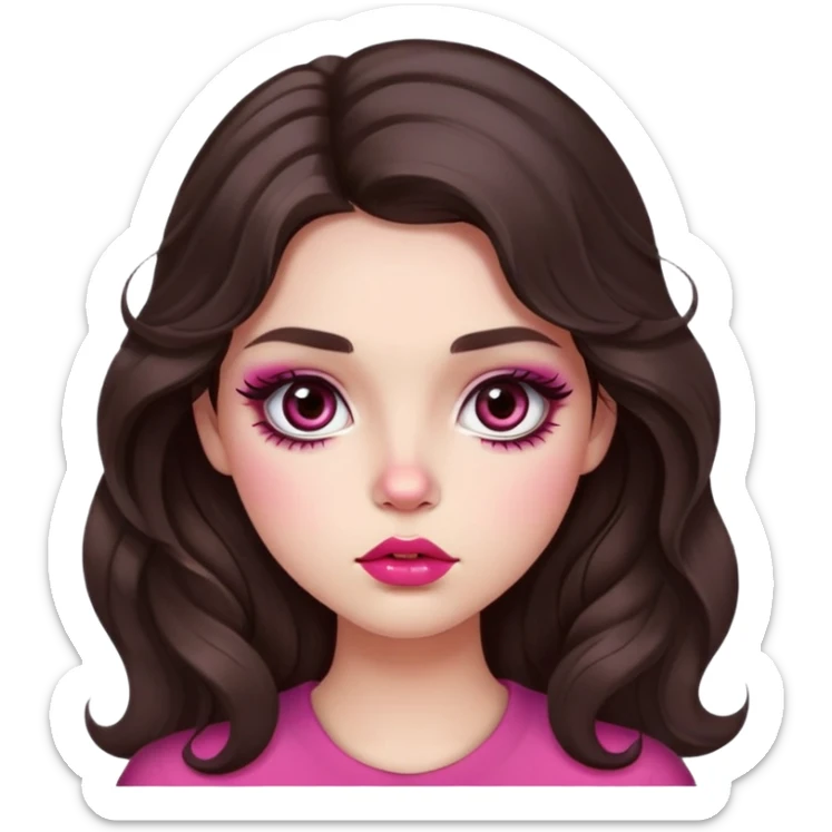 girl with light wheatish skin, dark brown long wavy hair, pouty shiny lips with berry lip gloss, large eyes with eyelashes, pink blush on cheeks, inner eye highlighted with white eyeliner, button nose sticker