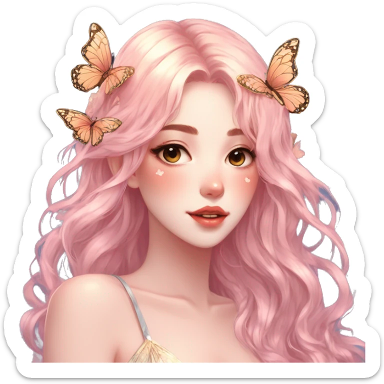 gorgeous shiny blushing anime lady with butterflies and beautiful hair fairycore high quality detailed vogue trending aesthetic sticker