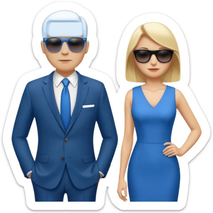 White woman with blonde hair wearing sunglasses and a blue dress, standing next to a tall bald white man sticker