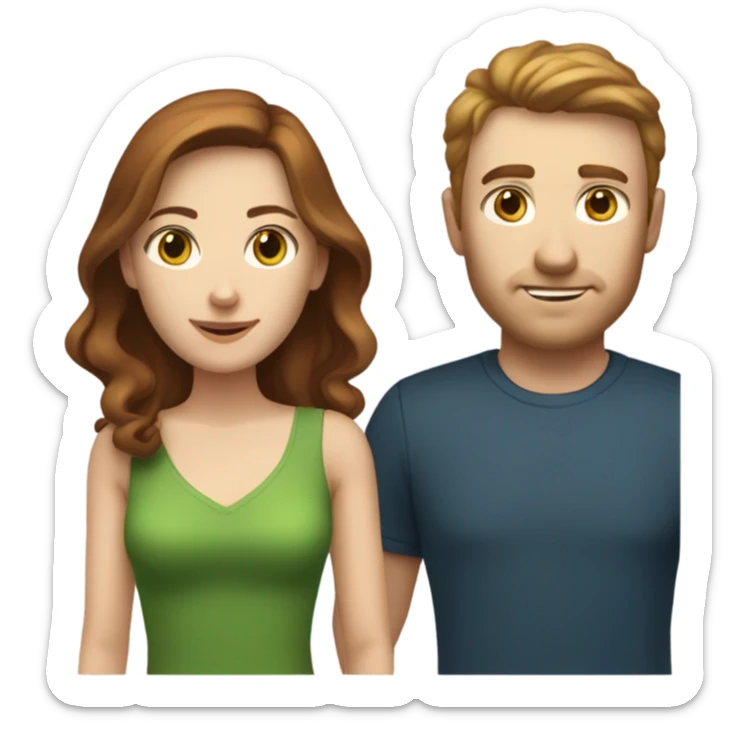 Caucasian couple. Man has short, brownish-red hair and blue eyes. Woman with dark brown hair and green eyes  sticker