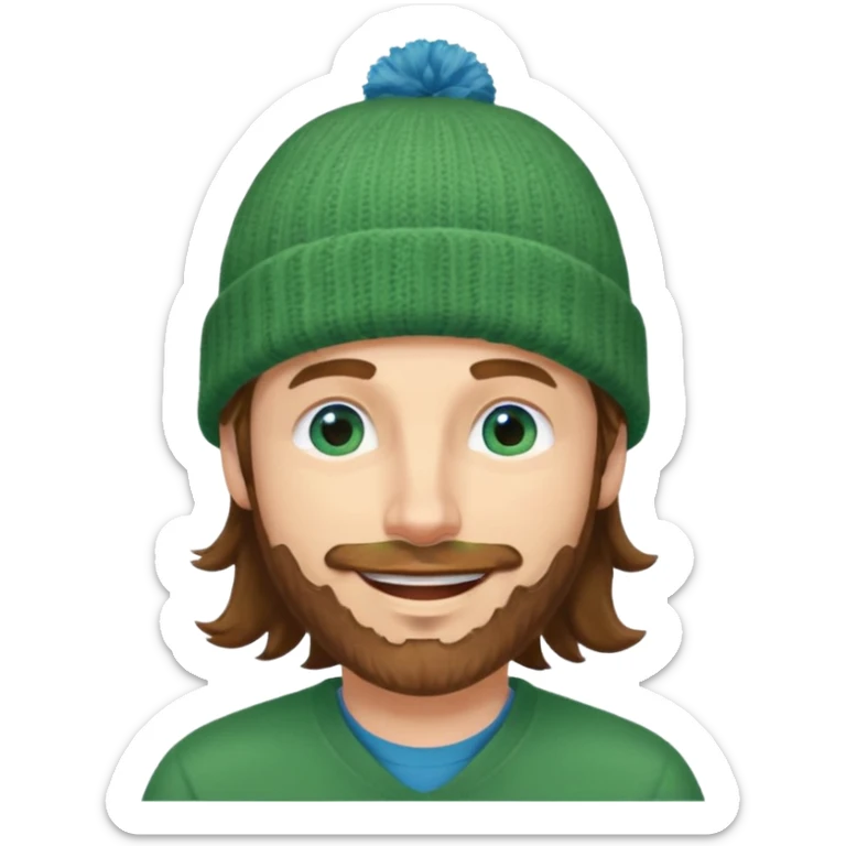 white man
aged 40,
Blue eyes, 
mid length brown wavy hair,
Green beanie hat,
Stubble
Smiling and winking sticker
