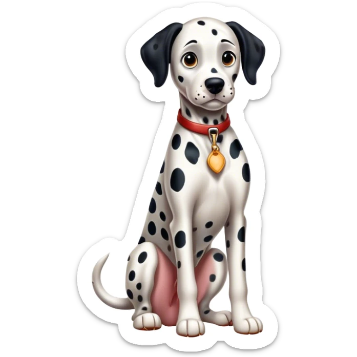 Cinematic Realistic full-body portrait of a Dalmatian dog, rendered with glossy, meticulously detailed spotted fur and expressive, alert eyes, set against a clean, neutral backdrop that highlights its regal and athletic stance. sticker