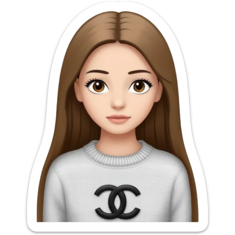 Une fille avec des faux cils, des yeux, marrons, des cheveux lisses un pull Chanel sticker