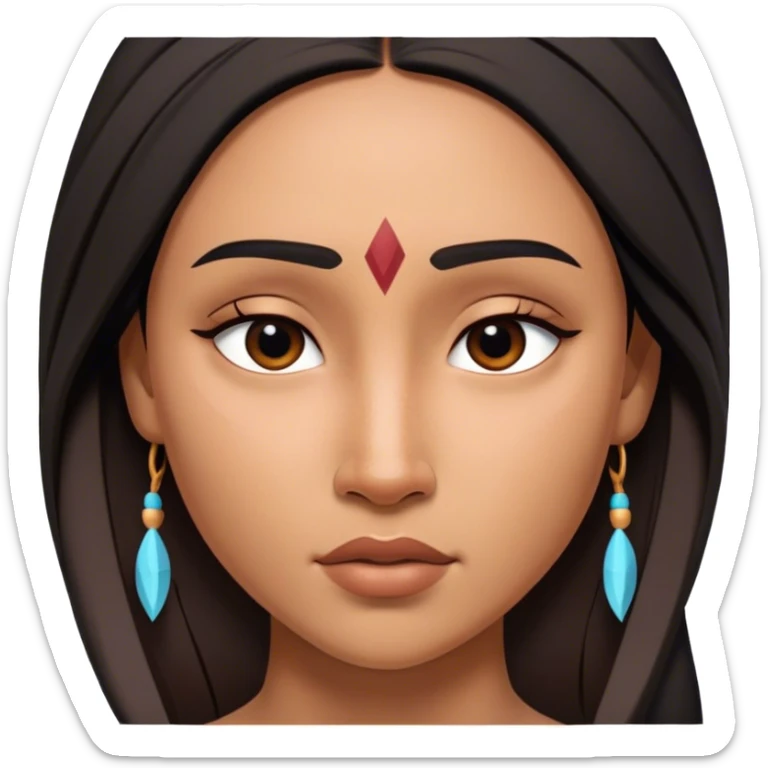 Cinematic Realistic Pocahontas Portrait, depicted with lifelike skin texture, soft natural lighting, and intricately detailed long, flowing raven-black hair that moves gracefully in the wind. Her deep, soulful dark brown eyes exude wisdom and strength, complemented by a serene yet powerful expression. She is shown gently holding a feather in one hand, her other hand resting lightly at her side, embodying the harmonious balance between nature and herself. She is dressed in her classic one-shoulder native American dress, with rich fabric textures and delicate beaded details that catch the light beautifully. The portrait features a soft, sun-kissed glow with a natural, radiant finish, capturing the essence of untamed beauty and deep connection to nature in a realistic and painterly style, evoking a sense of depth and authenticity. sticker