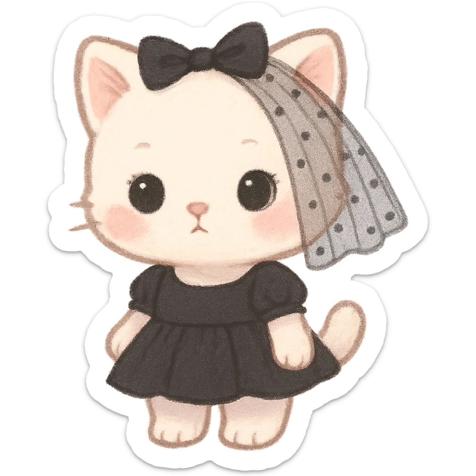 pastel toon style white baby cat wearing a black mini dress and black veil sticker