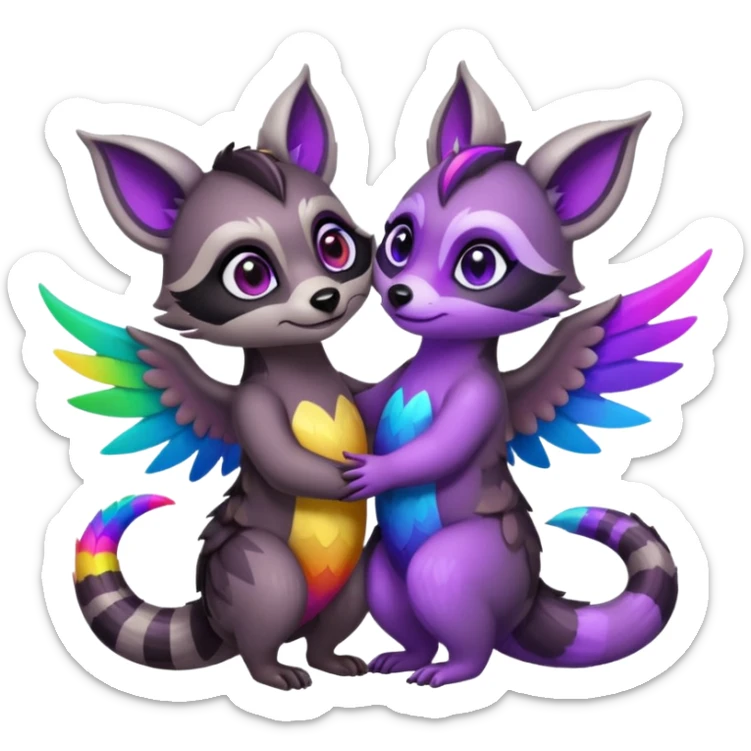 2 black female raccoon dragon hybrids with rainbow colored wings and purple eyes hugging sticker