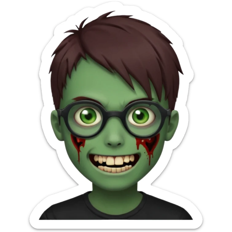 Zombie emo boy, green skin and brown hair and eyes, black glasses and a scary cut open smile, scars and blood under eyes sticker