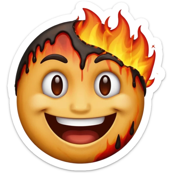 A emoji with half of his face burnt with the emoji having a big grin sticker