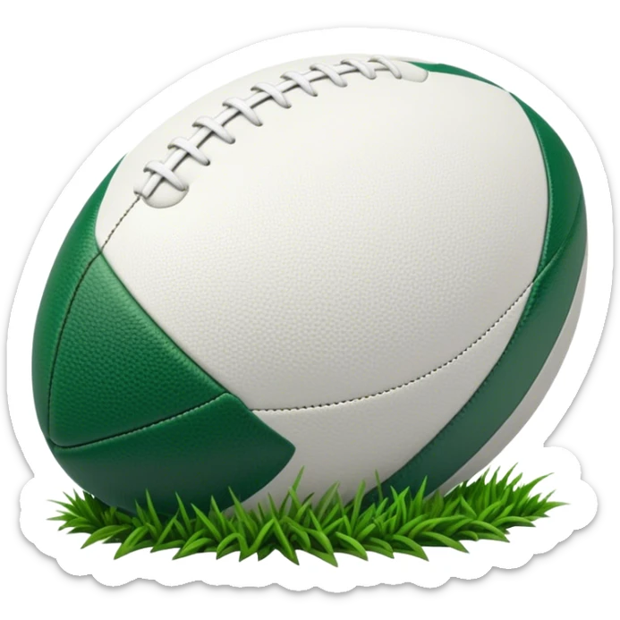 Cinematic Realistic image of a rugby ball resting on verdant turf, rendered with intricate stitching details and subtle weathering, bathed in warm, natural lighting that emphasizes its enduring character sticker