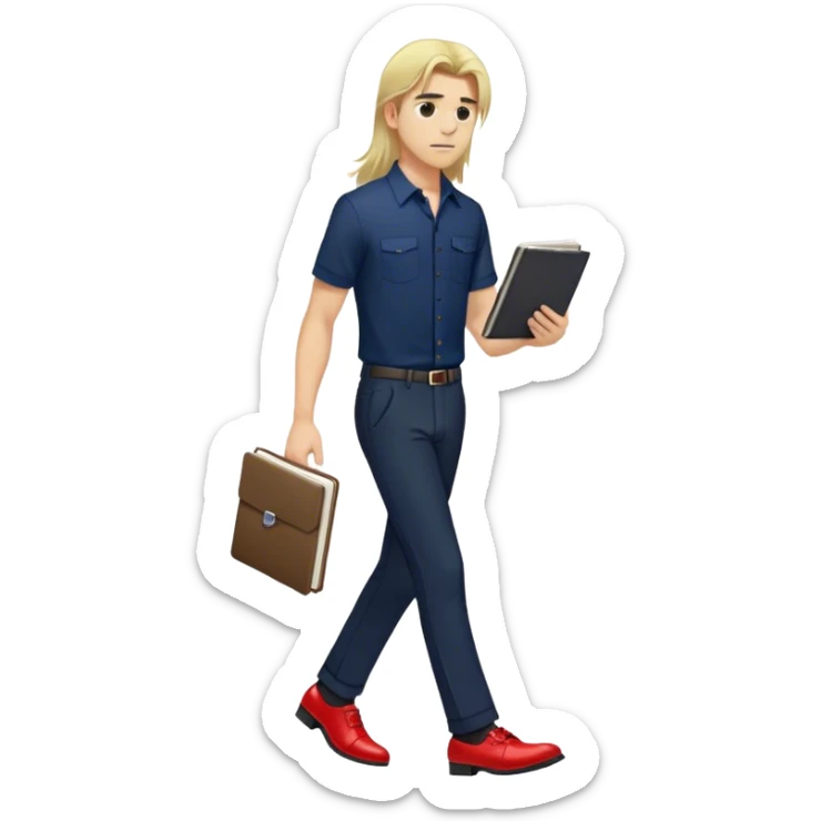 Guy with super long straight blonde hair wearing a short sleeve navy button up untucked black pants red shoes walking holding a notebook by his hip sticker